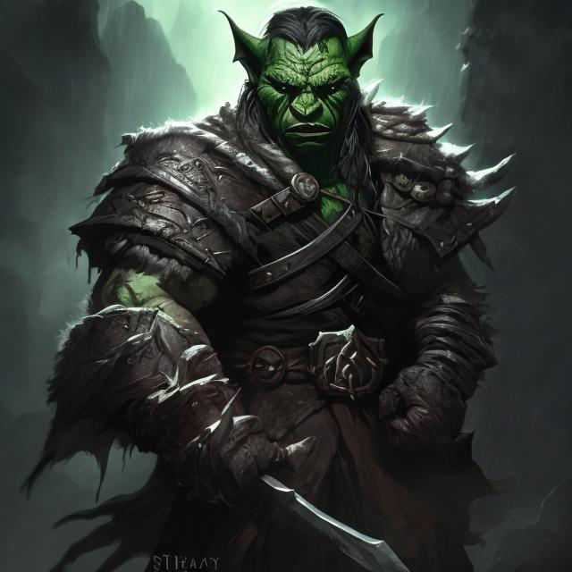 Prompt: greed, fighter, gray skin, orc, magic weapon, fantasy art style, hi res, shadowy background, fantasy, D&D, detailed, atmospheric, fantasy art