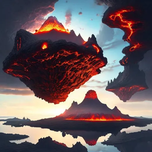 Prompt: floating islands in the sky, made of dark stone with lava and magma, volcanoes, hyper realistic, evil, fantasy art