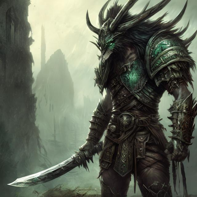 Prompt: warrior, leather armor, man, male, weak, scrawny, slim build, green, greed, envy, magic weapon, unique weapon, fantasy art style, hi res, wild forrest background, fantasy, highres, detailed, atmospheric, fantasy art