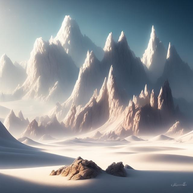 Prompt: white desert, landscape, mountains on the horizon, magical elements, digital painting, fantasy art