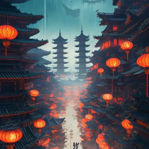 Prompt: Fantasy Japanese city, magical elements, fantasy art, two red pagoda towers, dark, night, high contrast, epic street view, epic view, high walkways, epic perspective, small airships, surreal, concept art, intricate scene, correct, fantasy, magical lanterns, two red towers