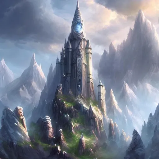 Prompt: pristine white wizard tower in the mountains surrounded by clouds hi res fantasy art digital painting