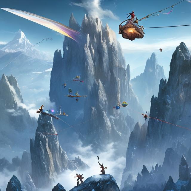 Prompt: two pristine magical towers, snowy mountains, 3 people flying with magical devices, 3 people using gliders, ziplines, clouds, fantasy art, high fantasy, digital painting hi res, more people, gliders, birds