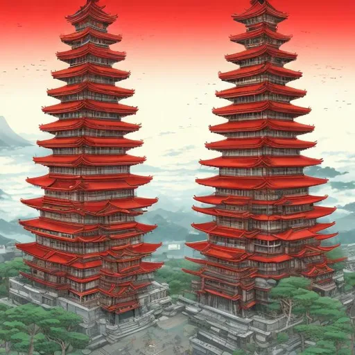 Prompt: Two identical red japanese towers side by side, towering over other buildings, magical city, japanese influence, fantasy art, airships, high detail, hi res, two red pagoda towers