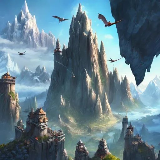 Prompt: two pristine towers, snowy mountains, 3 people flying with magical devices, 3 people using gliders, ziplines, clouds, fantasy art, high fantasy, digital painting hi res, more people, gliders, birds, TWO LARGE TOWERS