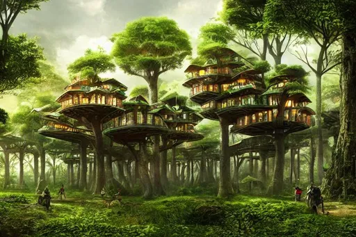 Prompt: a vast treehouse city built in an ancient forest, 8 k, shallow depth of field, intricate detail, concept art, hi res, ultra detail, green
