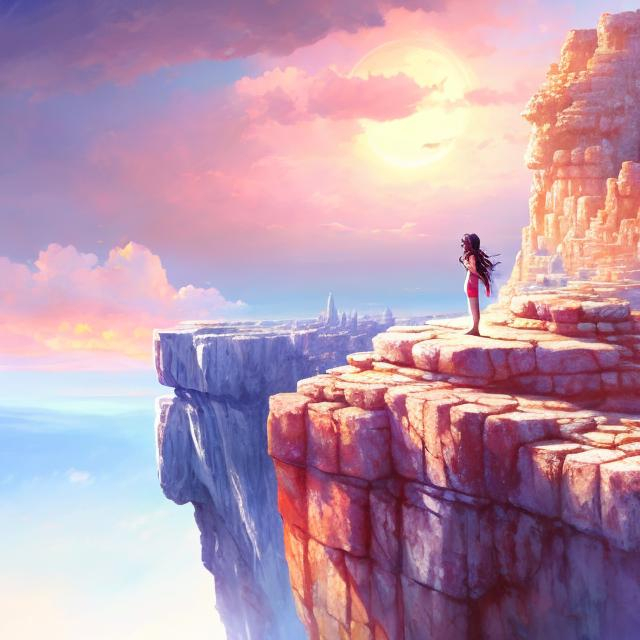 Prompt: person on cliff overlooking vast landscape, white desert, dry, landscape, small 
mountains on the horizon, magical elements, digital painting, fantasy art