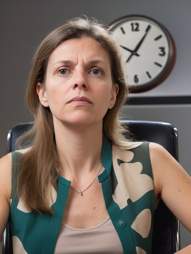 Prompt: a woman sitting in a chair with a concerned look on her face and hands behind her head, with a clock in the background, Anna Maria Barbara Abesch, superflat, profile picture, a picture