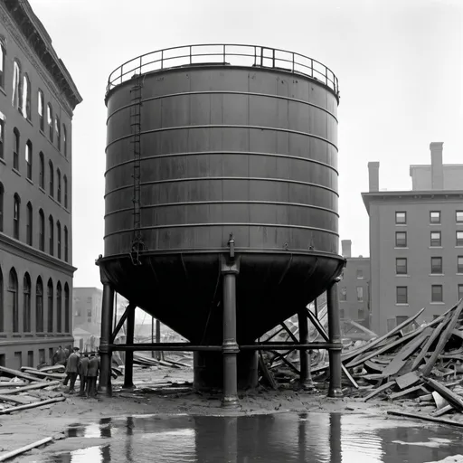 Prompt: Draw up the molasses tank from the great molasses flood of Boston in 1919. Picture it intact, not exploding or bursting. The tank looks like a tall upright water tank.

