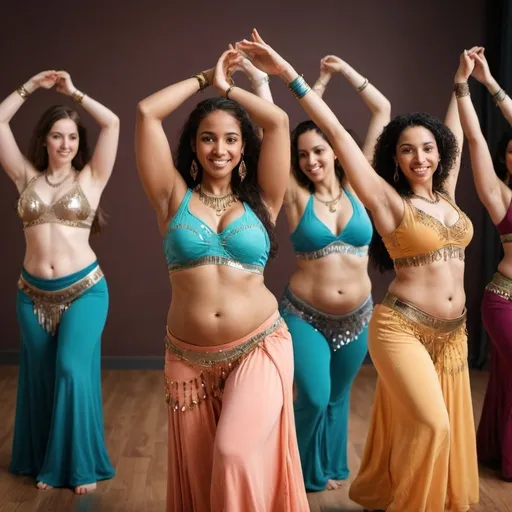 Prompt: Create an image of a belly dancing class with diverse women and diverse body shapes