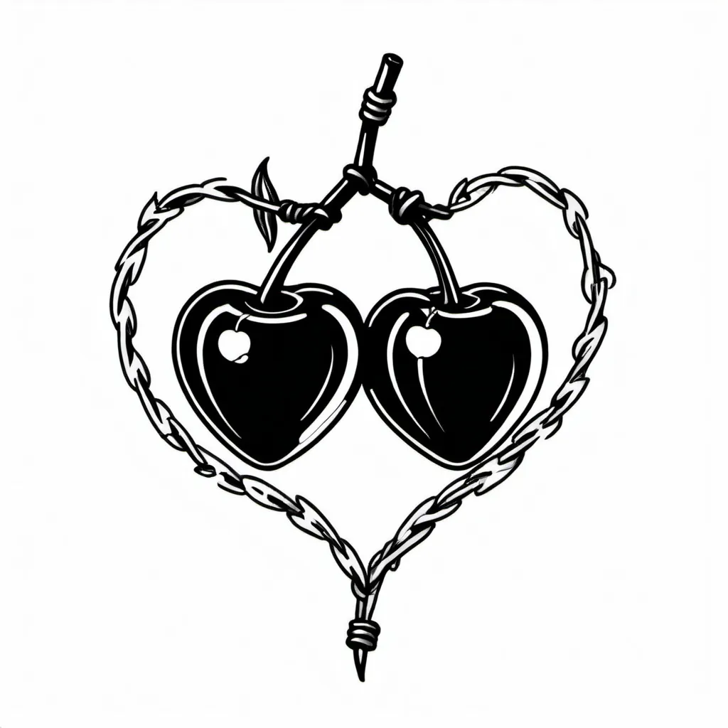 Prompt: Traditional style black and white tattoo sketch. Simple logo. Two Cherries. Barbed wire heart.
