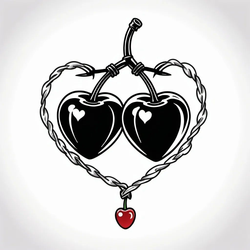 Prompt: Traditional style black and white tattoo sketch. Simple logo. Two Cherries. Barbed wire heart.
