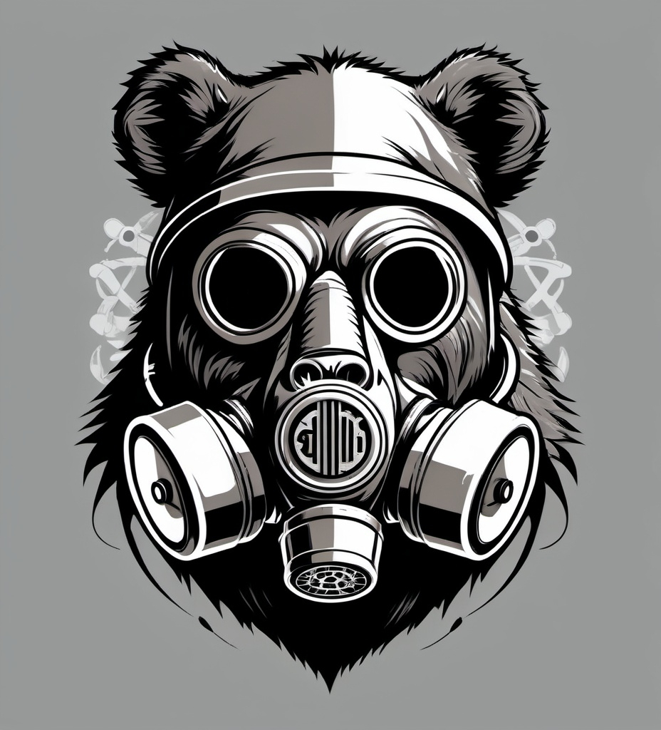 Prompt: Create a logo featuring a muscular grizzly bear wearing a gas mask on its head and a stethoscope around its neck. The bear should have a fierce yet friendly expression. Incorporate a tattoo of a biological hazard symbol on its arm. The design should be bold and eye-catching, with a color palette that conveys strength and resilience, suitable for a CBRN (Chemical, Biological, Radiological, and Nuclear) theme.