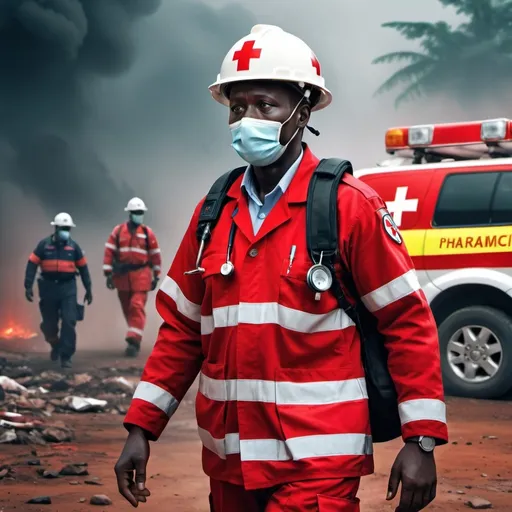 Prompt: (paramedic at work), (Red Cross), emergency scene, vibrant colors, dynamic atmosphere, compassionate expression, intricate uniform details, medical equipment in use, dusty background depicting Kenya, high-quality imagery, dramatic lighting, sense of urgency and heroism.