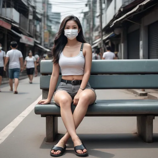 Prompt: (realistic Thai woman), full body pose, waving hello, sitting down a bench crossing her legs, long dark hair, white face mask, (white tank top), black leather belt, grey denim mini shorts, thin black leather slide flip flops, (Bangkok) background setting, (cool color scheme), urban environment, high detail, 4K quality, realistic style.