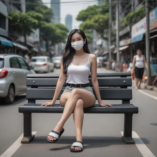 Prompt: (Realistilistic Thai woman), full body pose, waving hello, sitting down a bench crossing her legs, long dark hair, white face mask, (white tank top), black leather belt, grey denim mini shorts, thin black leather slide flip flops, (Bangkok) background setting, (cool color scheme), urban environment, vibrant, high detail, 4K quality, realistic style, bench blurry, blurry background, blurry foreground, bokeh, dark hair, brown jacket, building, cafe, chromatic aberration, cosplay photo, crossed legs, day, grey  denim shorts, depth of field, film grain, focused, jacket, knees together feet apart, long hair, looking at viewer, white mask, motion blur, outdoors, palm tree, photo \(medium\), photo background, photo inset, plant, potted plant, black sandals, grey denim shorts, sitting, solo, street, , toeless footwear, tree, waving