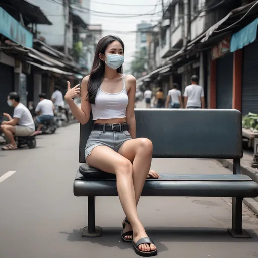 Prompt: (realistic Thai woman), full body pose, waving hello, sitting down a bench crossing her legs, long dark hair, white face mask, (white tank top), black leather belt, grey denim mini shorts, thin black leather slide flip flops, (Bangkok) background setting, (cool color scheme), urban environment, vibrant street life, high detail, 4K quality, realistic style.