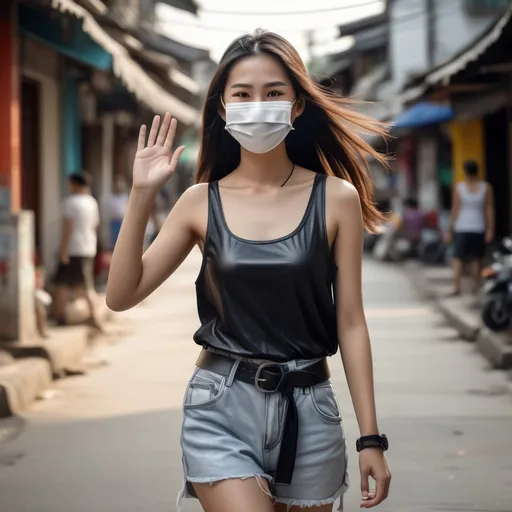 Prompt: (photorealistic) young Thai woman, (detailed clothing), long hair, (white face mask), tank top, black leather belt, thin black slider flip flops, waving her arm, (natural lighting), (high street background), vibrant atmosphere, sense of friendliness, urban surroundings, soft shadows, high-quality image, depth of field, inviting demeanor.