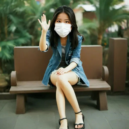 Prompt: 1 thai woman, 3d, bench, blue skirt, blurry, blurry background, blurry foreground, bokeh, dark hair, brown jacket, building, cafe, chromatic aberration, cosplay photo, crossed legs, day, grey  denim shorts, depth of field, film grain, focused, jacket, knees together feet apart, long hair, looking at viewer, white mask, motion blur, outdoors, palm tree, photo \(medium\), photo background, photo inset, plant, potted plant, black sandals, grey denim shorts, sitting, solo, street, , toeless footwear, tree, waving