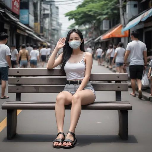 Prompt: (Realistilistic Thai woman), full body pose, waving hello, sitting down a bench crossing her legs, long dark hair, white face mask, (white tank top), black leather belt, grey denim mini shorts, thin black leather slide flip flops, (Bangkok) background setting, (cool color scheme), urban environment, vibrant, high detail, 4K quality, realistic style, bench blurry, blurry background, blurry foreground, bokeh, dark hair, brown jacket, building, cafe, chromatic aberration, cosplay photo, crossed legs, day, grey  denim shorts, depth of field, film grain, focused, jacket, knees together feet apart, long hair, looking at viewer, white mask, motion blur, outdoors, palm tree, photo \(medium\), photo background, photo inset, plant, potted plant, black sandals, grey denim shorts, sitting, solo, street, , toeless footwear, tree, waving