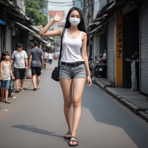 Prompt: (realistic Thai woman), full body pose, waving hello, (24 years old), long dark hair, white face mask, (white tank top), black leather belt, grey denim mini shorts, thin black leather slide flip flops, (Bangkok) background setting, (cool color scheme), urban environment, vibrant street life, high detail, 4K quality, realistic style.