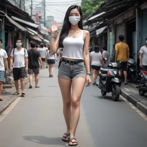 Prompt: (realistic Thai woman), full body pose, waving hello, (24 years old), long dark hair, white face mask, (white tank top), black leather belt, grey denim mini shorts, thin black leather slide flip flops, (Bangkok) background setting, (cool color scheme), urban environment, vibrant street life, high detail, 4K quality, realistic style.