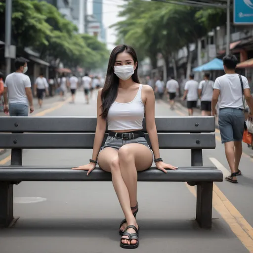 Prompt: (Realistilistic Thai woman), full body pose, waving hello, sitting down a bench crossing her legs, long dark hair, white face mask, (white tank top), black leather belt, grey denim mini shorts, thin black leather slide flip flops, (Bangkok) background setting, (cool color scheme), urban environment, vibrant, high detail, 4K quality, realistic style, bench blurry, blurry background, blurry foreground, bokeh, dark hair, brown jacket, building, cafe, chromatic aberration, cosplay photo, crossed legs, day, grey  denim shorts, depth of field, film grain, focused, jacket, knees together feet apart, long hair, looking at viewer, white mask, motion blur, outdoors, palm tree, photo \(medium\), photo background, photo inset, plant, potted plant, black sandals, grey denim shorts, sitting, solo, street, , toeless footwear, tree, waving