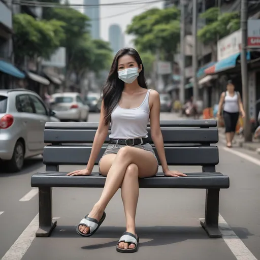 Prompt: (Realistilistic Thai woman), full body pose, waving hello, sitting down a bench crossing her legs, long dark hair, white face mask, (white tank top), black leather belt, grey denim mini shorts, thin black leather slide flip flops, (Bangkok) background setting, (cool color scheme), urban environment, vibrant, high detail, 4K quality, realistic style, bench blurry, blurry background, blurry foreground, bokeh, dark hair, brown jacket, building, cafe, chromatic aberration, cosplay photo, crossed legs, day, grey  denim shorts, depth of field, film grain, focused, jacket, knees together feet apart, long hair, looking at viewer, white mask, motion blur, outdoors, palm tree, photo \(medium\), photo background, photo inset, plant, potted plant, black sandals, grey denim shorts, sitting, solo, street, , toeless footwear, tree, waving