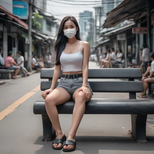 Prompt: (realistic Thai woman), full body pose, waving hello, sitting down a bench crossing her legs, long dark hair, white face mask, (white tank top), black leather belt, grey denim mini shorts, thin black leather slide flip flops, (Bangkok) background setting, (cool color scheme), urban environment, high detail, 4K quality, realistic style.