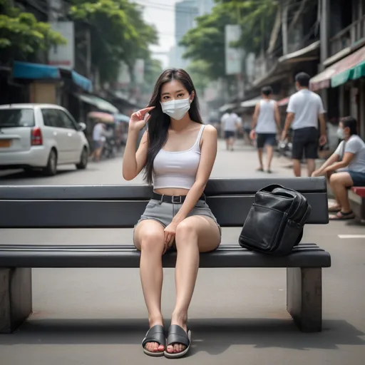 Prompt: (Realistilistic Thai woman), full body pose, waving hello, sitting down a bench crossing her legs, long dark hair, white face mask, (white tank top), black leather belt, grey denim mini shorts, thin black leather slide flip flops, (Bangkok) background setting, (cool color scheme), urban environment, vibrant, high detail, 4K quality, realistic style, bench blurry, blurry background, blurry foreground, bokeh, dark hair, brown jacket, building, cafe, chromatic aberration, cosplay photo, crossed legs, day, grey  denim shorts, depth of field, film grain, focused, jacket, knees together feet apart, long hair, looking at viewer, white mask, motion blur, outdoors, palm tree, photo \(medium\), photo background, photo inset, plant, potted plant, black sandals, grey denim shorts, sitting, solo, street, , toeless footwear, tree, waving