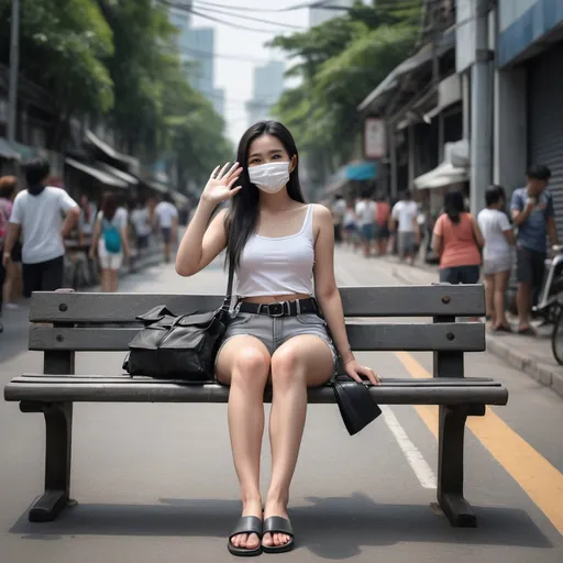 Prompt: (Realistilistic Thai woman), full body pose, waving hello, sitting down a bench crossing her legs, long dark hair, white face mask, (white tank top), black leather belt, grey denim mini shorts, thin black leather slide flip flops, (Bangkok) background setting, (cool color scheme), urban environment, vibrant, high detail, 4K quality, realistic style, bench blurry, blurry background, blurry foreground, bokeh, dark hair, brown jacket, building, cafe, chromatic aberration, cosplay photo, crossed legs, day, grey  denim shorts, depth of field, film grain, focused, jacket, knees together feet apart, long hair, looking at viewer, white mask, motion blur, outdoors, palm tree, photo \(medium\), photo background, photo inset, plant, potted plant, black sandals, grey denim shorts, sitting, solo, street, , toeless footwear, tree, waving