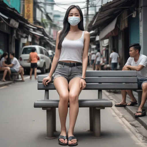 Prompt: (realistic Thai woman), full body pose, waving hello, sitting down a bench crossing her legs, long dark hair, white face mask, (white tank top), black leather belt, grey denim mini shorts, thin black leather slide flip flops, (Bangkok) background setting, (cool color scheme), urban environment, vibrant street life, high detail, 4K quality, realistic style.