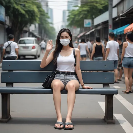 Prompt: (Realistilistic Thai woman), full body pose, waving hello, sitting down a bench crossing her legs, long dark hair, white face mask, (white tank top), black leather belt, grey denim mini shorts, thin black leather slide flip flops, (Bangkok) background setting, (cool color scheme), urban environment, vibrant, high detail, 4K quality, realistic style, bench blurry, blurry background, blurry foreground, bokeh, dark hair, brown jacket, building, cafe, chromatic aberration, cosplay photo, crossed legs, day, grey  denim shorts, depth of field, film grain, focused, jacket, knees together feet apart, long hair, looking at viewer, white mask, motion blur, outdoors, palm tree, photo \(medium\), photo background, photo inset, plant, potted plant, black sandals, grey denim shorts, sitting, solo, street, , toeless footwear, tree, waving