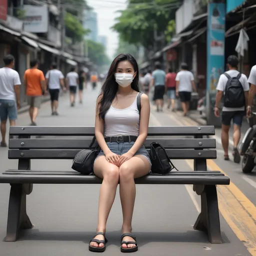 Prompt: (Realistilistic Thai woman), full body pose, waving hello, sitting down a bench crossing her legs, long dark hair, white face mask, (white tank top), black leather belt, grey denim mini shorts, thin black leather slide flip flops, (Bangkok) background setting, (cool color scheme), urban environment, vibrant, high detail, 4K quality, realistic style, bench blurry, blurry background, blurry foreground, bokeh, dark hair, brown jacket, building, cafe, chromatic aberration, cosplay photo, crossed legs, day, grey  denim shorts, depth of field, film grain, focused, jacket, knees together feet apart, long hair, looking at viewer, white mask, motion blur, outdoors, palm tree, photo \(medium\), photo background, photo inset, plant, potted plant, black sandals, grey denim shorts, sitting, solo, street, , toeless footwear, tree, waving