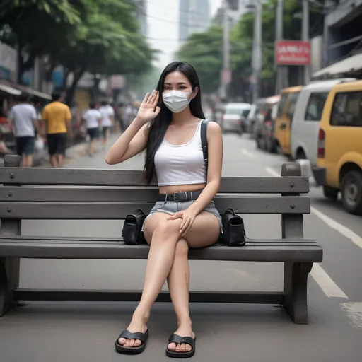 Prompt: (Realistilistic Thai woman), full body pose, waving hello, sitting down a bench crossing her legs, long dark hair, white face mask, (white tank top), black leather belt, grey denim mini shorts, thin black leather slide flip flops, (Bangkok) background setting, (cool color scheme), urban environment, vibrant, high detail, 4K quality, realistic style, bench blurry, blurry background, blurry foreground, bokeh, dark hair, brown jacket, building, cafe, chromatic aberration, cosplay photo, crossed legs, day, grey  denim shorts, depth of field, film grain, focused, jacket, knees together feet apart, long hair, looking at viewer, white mask, motion blur, outdoors, palm tree, photo \(medium\), photo background, photo inset, plant, potted plant, black sandals, grey denim shorts, sitting, solo, street, , toeless footwear, tree, waving