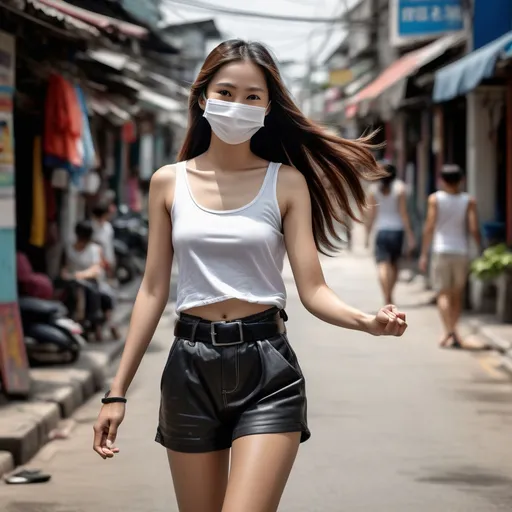 Prompt: (photorealistic) young Thai woman, (detailed clothing), long hair, (white face mask), tank top, black leather belt, thin black slider flip flops, waving her arm, (natural lighting), (high street background), vibrant atmosphere, sense of friendliness, urban surroundings, soft shadows, high-quality image, depth of field, inviting demeanor.