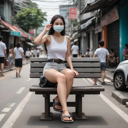 Prompt: (realistic Thai woman), full body pose, waving hello, sitting down a bench crossing her legs, long dark hair, white face mask, (white tank top), black leather belt, grey denim mini shorts, thin black leather slide flip flops, (Bangkok) background setting, (cool color scheme), urban environment, vibrant street life, high detail, 4K quality, realistic style.