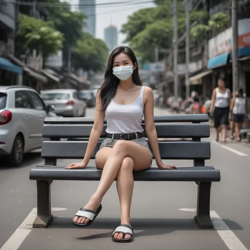 Prompt: (Realistilistic Thai woman), full body pose, waving hello, sitting down a bench crossing her legs, long dark hair, white face mask, (white tank top), black leather belt, grey denim mini shorts, thin black leather slide flip flops, (Bangkok) background setting, (cool color scheme), urban environment, vibrant, high detail, 4K quality, realistic style, bench blurry, blurry background, blurry foreground, bokeh, dark hair, brown jacket, building, cafe, chromatic aberration, cosplay photo, crossed legs, day, grey  denim shorts, depth of field, film grain, focused, jacket, knees together feet apart, long hair, looking at viewer, white mask, motion blur, outdoors, palm tree, photo \(medium\), photo background, photo inset, plant, potted plant, black sandals, grey denim shorts, sitting, solo, street, , toeless footwear, tree, waving