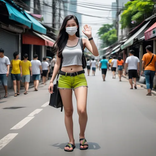 Prompt: (realistic Thai woman), full body pose, waving hello, (24 years old), long dark hair, white face mask, (lime tank top), black leather belt, grey denim mini shorts, thin black leather slide flip flops, (Bangkok) background setting, (cool color scheme), urban environment, vibrant street life, high detail, 4K quality, realistic style.