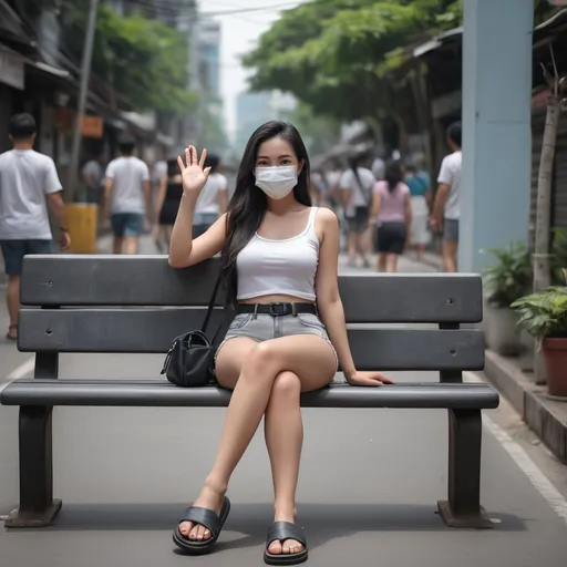 Prompt: (Realistilistic Thai woman), full body pose, waving hello, sitting down a bench crossing her legs, long dark hair, white face mask, (white tank top), black leather belt, grey denim mini shorts, thin black leather slide flip flops, (Bangkok) background setting, (cool color scheme), urban environment, vibrant, high detail, 4K quality, realistic style, bench blurry, blurry background, blurry foreground, bokeh, dark hair, brown jacket, building, cafe, chromatic aberration, cosplay photo, crossed legs, day, grey  denim shorts, depth of field, film grain, focused, jacket, knees together feet apart, long hair, looking at viewer, white mask, motion blur, outdoors, palm tree, photo \(medium\), photo background, photo inset, plant, potted plant, black sandals, grey denim shorts, sitting, solo, street, , toeless footwear, tree, waving