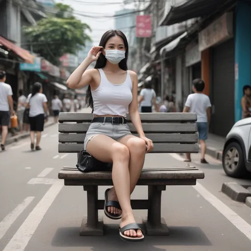 Prompt: (realistic Thai woman), full body pose, waving hello, sitting down a bench crossing her legs, long dark hair, white face mask, (white tank top), black leather belt, grey denim mini shorts, thin black leather slide flip flops, (Bangkok) background setting, (cool color scheme), urban environment, vibrant street life, high detail, 4K quality, realistic style.