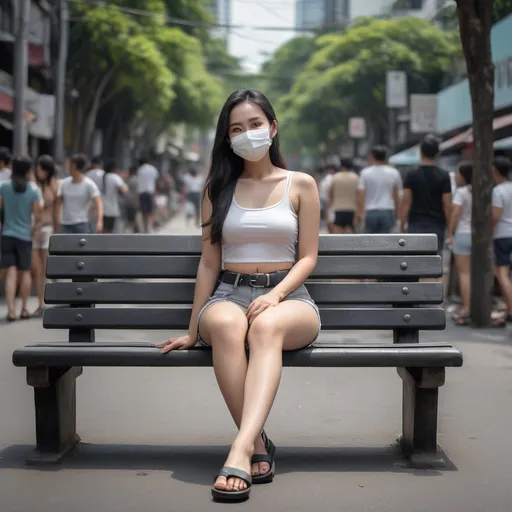 Prompt: (Realistilistic Thai woman), full body pose, waving hello, sitting down a bench crossing her legs, long dark hair, white face mask, (white tank top), black leather belt, grey denim mini shorts, thin black leather slide flip flops, (Bangkok) background setting, (cool color scheme), urban environment, vibrant, high detail, 4K quality, realistic style, bench blurry, blurry background, blurry foreground, bokeh, dark hair, brown jacket, building, cafe, chromatic aberration, cosplay photo, crossed legs, day, grey  denim shorts, depth of field, film grain, focused, jacket, knees together feet apart, long hair, looking at viewer, white mask, motion blur, outdoors, palm tree, photo \(medium\), photo background, photo inset, plant, potted plant, black sandals, grey denim shorts, sitting, solo, street, , toeless footwear, tree, waving