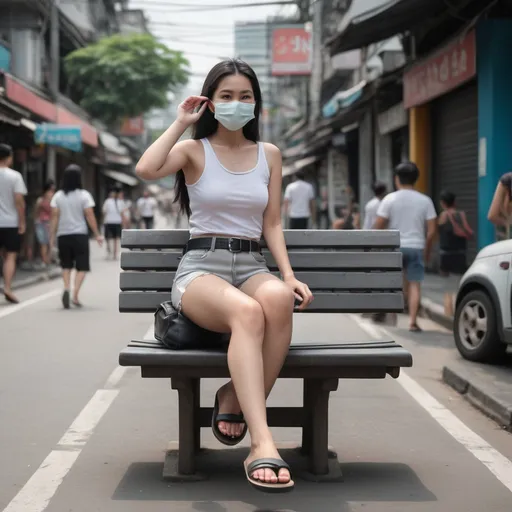 Prompt: (realistic Thai woman), full body pose, waving hello, sitting down a bench crossing her legs, long dark hair, white face mask, (white tank top), black leather belt, grey denim mini shorts, thin black leather slide flip flops, (Bangkok) background setting, (cool color scheme), urban environment, vibrant street life, high detail, 4K quality, realistic style.