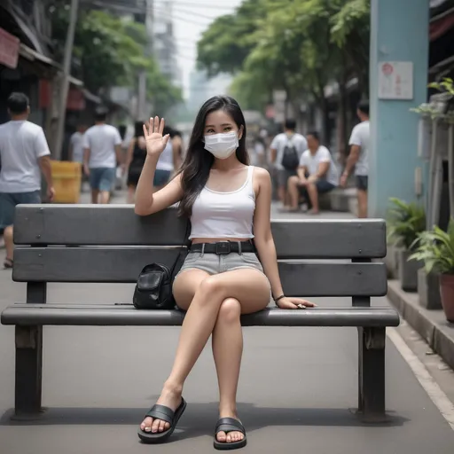 Prompt: (Realistilistic Thai woman), full body pose, waving hello, sitting down a bench crossing her legs, long dark hair, white face mask, (white tank top), black leather belt, grey denim mini shorts, thin black leather slide flip flops, (Bangkok) background setting, (cool color scheme), urban environment, vibrant, high detail, 4K quality, realistic style, bench blurry, blurry background, blurry foreground, bokeh, dark hair, brown jacket, building, cafe, chromatic aberration, cosplay photo, crossed legs, day, grey  denim shorts, depth of field, film grain, focused, jacket, knees together feet apart, long hair, looking at viewer, white mask, motion blur, outdoors, palm tree, photo \(medium\), photo background, photo inset, plant, potted plant, black sandals, grey denim shorts, sitting, solo, street, , toeless footwear, tree, waving