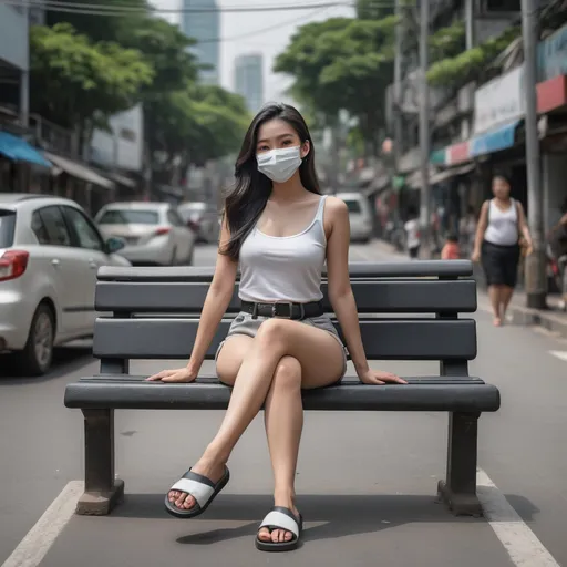 Prompt: (Realistilistic Thai woman), full body pose, waving hello, sitting down a bench crossing her legs, long dark hair, white face mask, (white tank top), black leather belt, grey denim mini shorts, thin black leather slide flip flops, (Bangkok) background setting, (cool color scheme), urban environment, vibrant, high detail, 4K quality, realistic style, bench blurry, blurry background, blurry foreground, bokeh, dark hair, brown jacket, building, cafe, chromatic aberration, cosplay photo, crossed legs, day, grey  denim shorts, depth of field, film grain, focused, jacket, knees together feet apart, long hair, looking at viewer, white mask, motion blur, outdoors, palm tree, photo \(medium\), photo background, photo inset, plant, potted plant, black sandals, grey denim shorts, sitting, solo, street, , toeless footwear, tree, waving