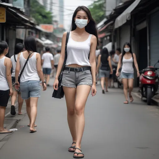 Prompt: (realistic Thai woman), full body pose, waving hello, (24 years old), long dark hair, white face mask, (white tank top), black leather belt, grey denim mini shorts, thin black leather slide flip flops, (Bangkok) background setting, (cool color scheme), urban environment, vibrant street life, high detail, 4K quality, realistic style.