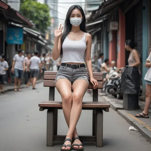 Prompt: (realistic Thai woman), full body pose, waving hello, sitting down a bench crossing her legs, long dark hair, white face mask, (white tank top), black leather belt, grey denim mini shorts, thin black leather slide flip flops, (Bangkok) background setting, (cool color scheme), urban environment, vibrant street life, high detail, 4K quality, realistic style.