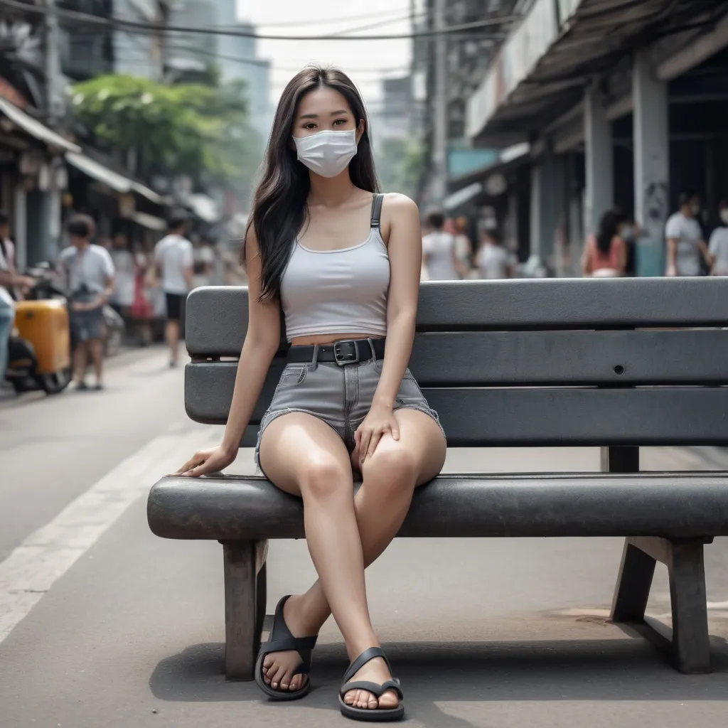 Prompt: (realistic Thai woman), full body pose, waving hello, sitting down a bench crossing her legs, long dark hair, white face mask, (white tank top), black leather belt, grey denim mini shorts, thin black leather slide flip flops, (Bangkok) background setting, (cool color scheme), urban environment, high detail, 4K quality, realistic style.