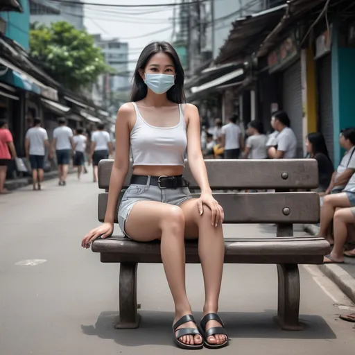 Prompt: (realistic Thai woman), full body pose, waving hello, sitting down a bench crossing her legs, long dark hair, white face mask, (white tank top), black leather belt, grey denim mini shorts, thin black leather slide flip flops, (Bangkok) background setting, (cool color scheme), urban environment, vibrant street life, high detail, 4K quality, realistic style.