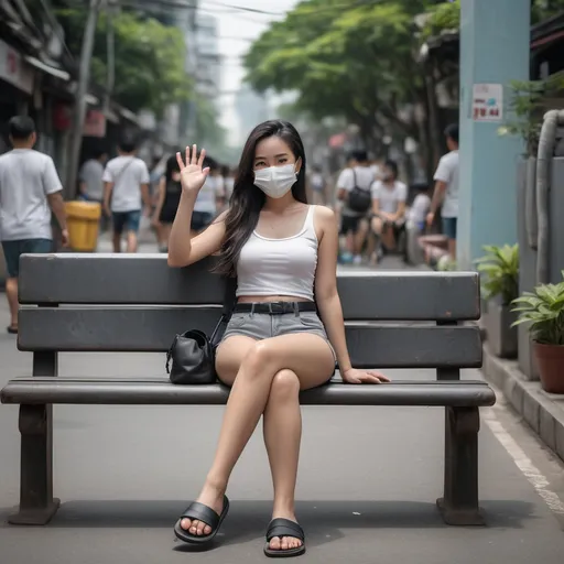 Prompt: (Realistilistic Thai woman), full body pose, waving hello, sitting down a bench crossing her legs, long dark hair, white face mask, (white tank top), black leather belt, grey denim mini shorts, thin black leather slide flip flops, (Bangkok) background setting, (cool color scheme), urban environment, vibrant, high detail, 4K quality, realistic style, bench blurry, blurry background, blurry foreground, bokeh, dark hair, brown jacket, building, cafe, chromatic aberration, cosplay photo, crossed legs, day, grey  denim shorts, depth of field, film grain, focused, jacket, knees together feet apart, long hair, looking at viewer, white mask, motion blur, outdoors, palm tree, photo \(medium\), photo background, photo inset, plant, potted plant, black sandals, grey denim shorts, sitting, solo, street, , toeless footwear, tree, waving